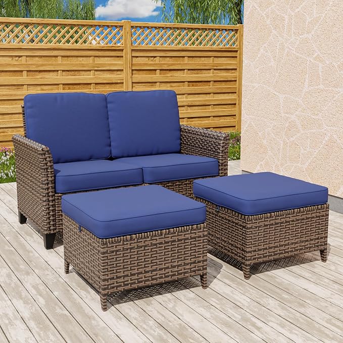 COOS BAY Harbor Retreat 3 Piece Outdoor Furniture Set, Patio Conversation Set with 2 Seat Loveseat and Ottomans, Wicker Furniture, Brown/Blue