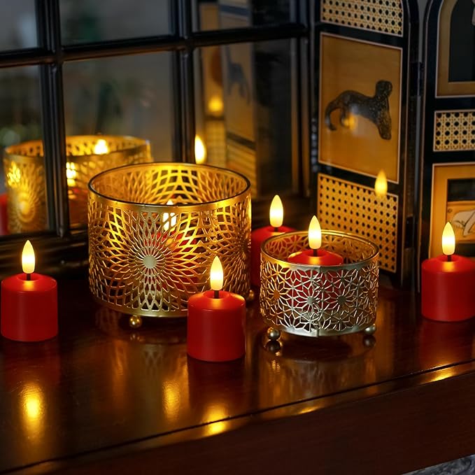 Small Flickering Tea Light Flameless Candles with Battery and Remote,1.5" x2.5" Red LED 2/4/6/8H Timer Votive Battery Operated Pillar Plastic Long Lasting 6pcs Tealight Candles