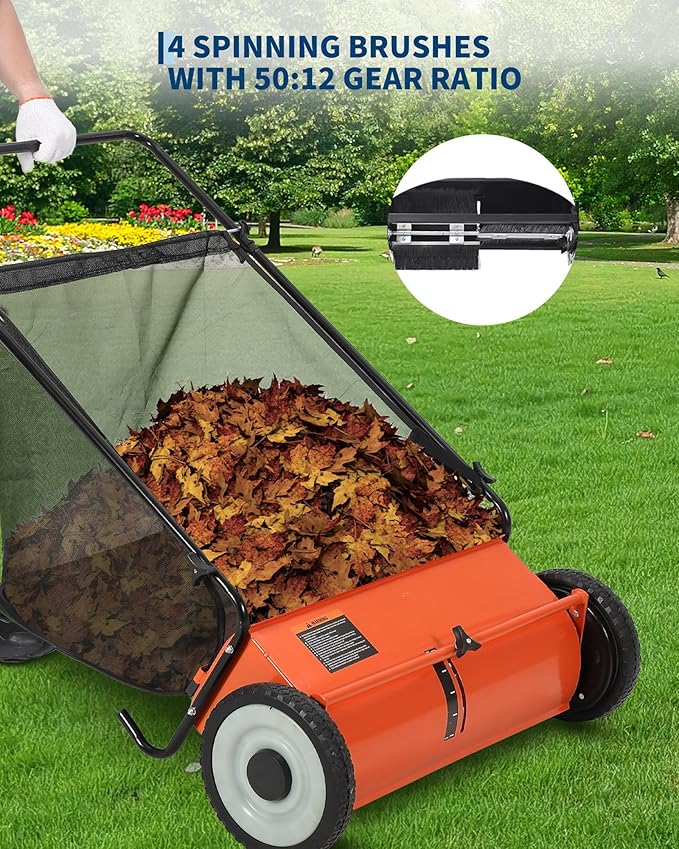 Takywep 26-Inch Push Lawn Sweeper, Anti-Rust Steel Frame, 4 High-Density Brushes, Adjustable Height, 7 Cu.Ft Collection Bag for Yard Debris (Orange & Black)