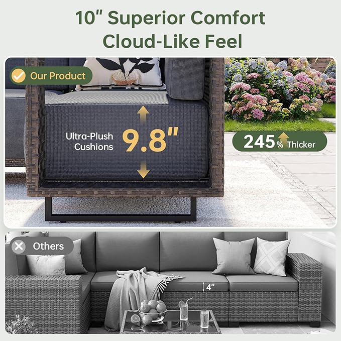Aoxun Patio Furniture Set, 6 Piece Outdoor Wicker Sectional Sofa Set, All-Weather Rattan with 10'' Ultra-Thick Cushions, Outdoor Conversation Set for Backyard, Poolside and Garden, Brown/Dark Gray