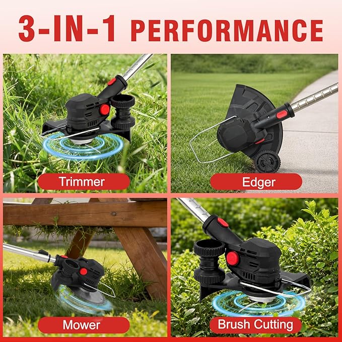 24V Cordless String Trimmer, 8-inch Battery Powered Weed Wacker with 2x4.0Ah Batteries, Foldable 3-in-1 Brush Cutter, 3 Types Blades Electric Lawn Edger with Side Wheel Assist for Yard & Garden