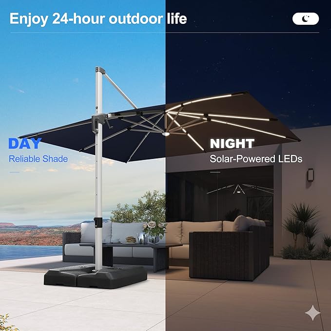 PURPLE LEAF 9' X 12' Patio Umbrella with Lights Outdoor Rectangle Cantilever Umbrella Solar Powered LED with 360-degree Rotation for Garden Deck Pool Patio, Navy Blue