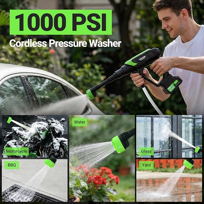 Cordless Washer, 5 Gear Brushless Washer for Car Washing, Patio, Fence, Driveway, Outdoor Cleaning， with 2 Batteries, 6 in 1 Nozzle, 6 Meter Hose, Tap Adapter