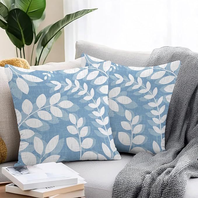 Sky Blue Leaves Outdoor Waterproof Throw Pillow Covers 20x20 Set of 2, Farmhouse Botanical Branch Vintage Boho Leaf Decorative Pillowcases Cushion Pillowcase for Couch Sofa Patio Pillow Protector
