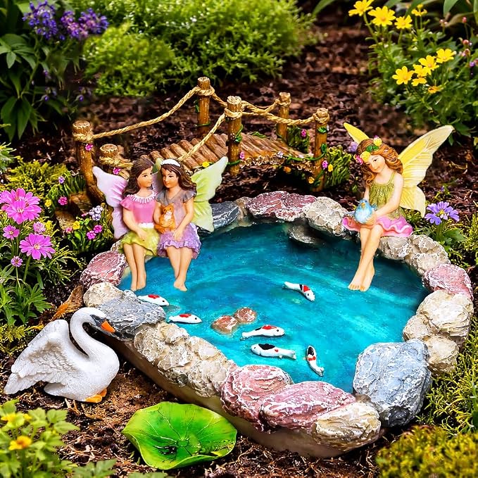 Mood Lab Fairy Garden Figurines - Fish Pond & Bridge - Miniature Decor Set (6 pcs) - Statues & Accessories - Outdoor & Indoor Garden Decor