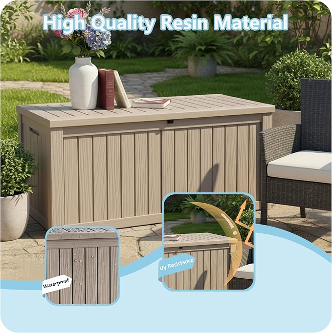 150 Gallon Deck Box Outdoor, Waterproof Outdoor Storage Boxes with Lids, Outside Resin Lockable Storage Box for Patio Cushions, Garden Tools(Grey)