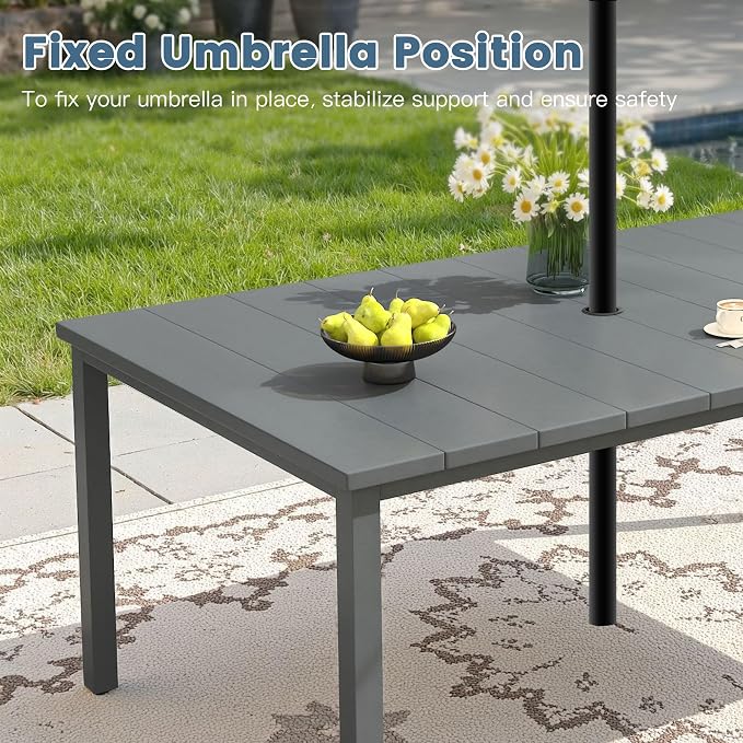 DIFY 63" Rectangle Outdoor Dining Table for 6, Slatted Metal Patio Table with Adjustable Umbrella Hole, All-Weather Patio Dining Table for Garden Backyard Deck, Grey Tabletop