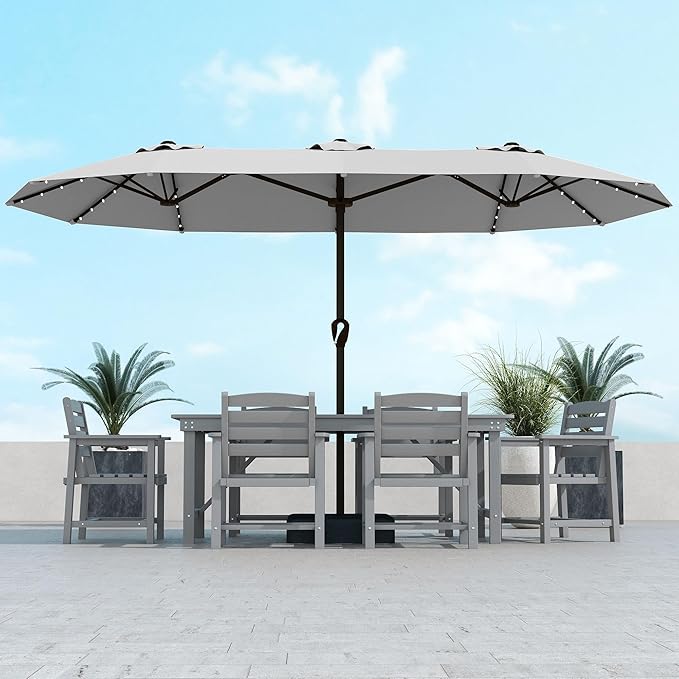 Kingdura 15ft Large Patio Umbrella with Solar Lights, Double-Sided Rectangle Lighted Outdoor Table Umbrella with Base Included, 12 Reinforced Ribs, 48 Led Lights, Crank Lift for Market Pool Deck Backyard, Light grey