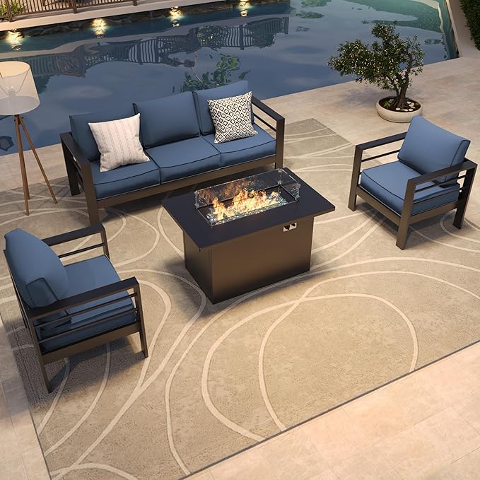 Amopatio Patio Furniture with Fire Pit, 6 Pcs Aluminum Outdoor Sectional Metal Patio Sofa Sets with Aluminum Fire Pit Table for Backyard,Dark Grey&Blue(Included Waterproof Covers)
