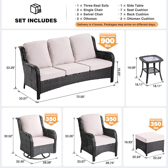 ovios 8 Pieces Patio Furniture Set with Swivel Rocking Chairs, Outdoor Wicker Sofa Couch Comfy Cushions, All Weather High Back Modern Conversation Set, Brown Rattan, Beige