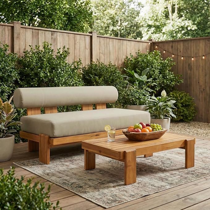 Christopher Knight Home Phobo Acacia Wood Outdoor Loveseat and Coffee Table Set, 2 Piece Patio Furniture Set with Cushion, Outdoor Conversation Set with Slatted Design for Backyard, Teak + Light Brown