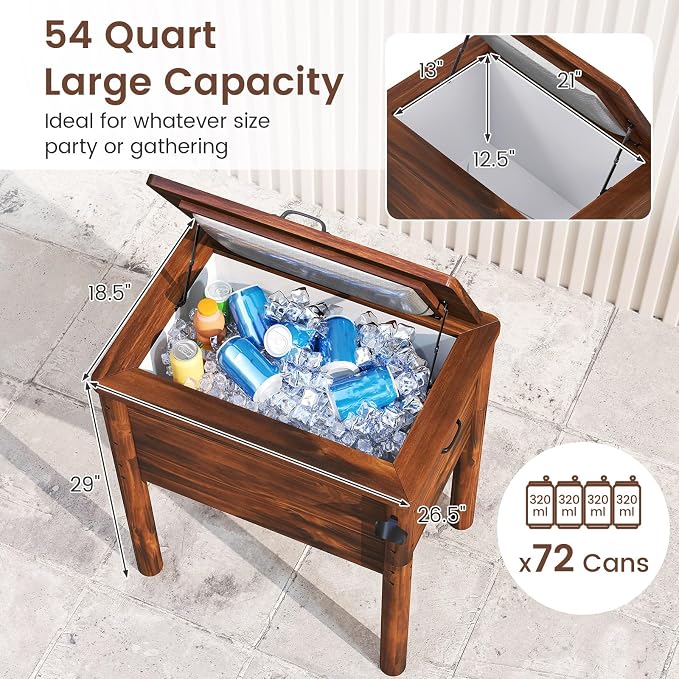 Giantex Wooden Patio Cooler, 54 Quart Outdoor Beverage Cooler Table with 3-Layer Insulation, Built-in Bottle Opener & Drainage Cap, Retro Rustic Pine Wood Ice Chest for Backyard, Poolside, Deck, Party