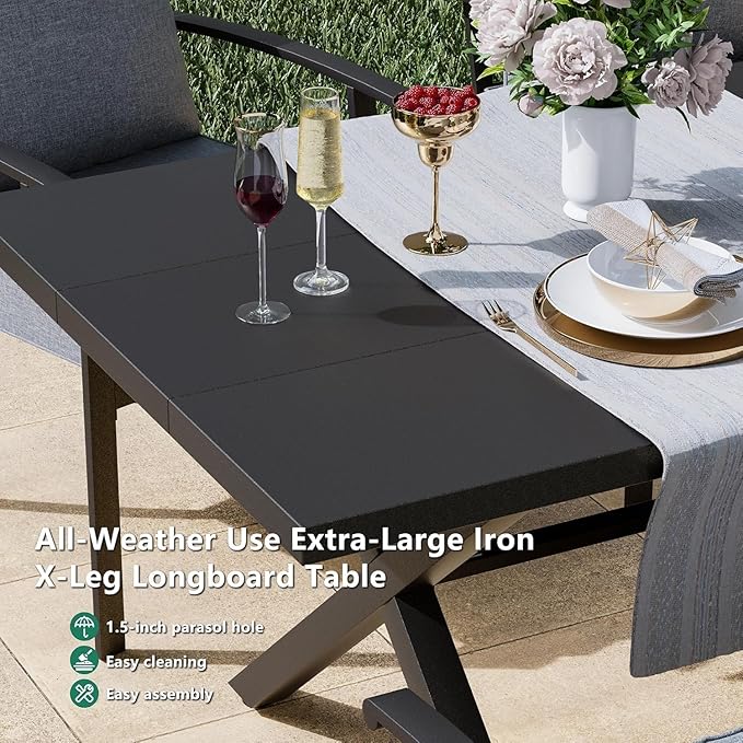 Kullavik 7 Pieces Outdoor Dining Set,Patio Dining Table and Chairs Set for 6,Fence Pattern Back Chairs with Thickened Cushions & Rectangular Metal Dining Table with Umbrella Hole for Patio,Grey