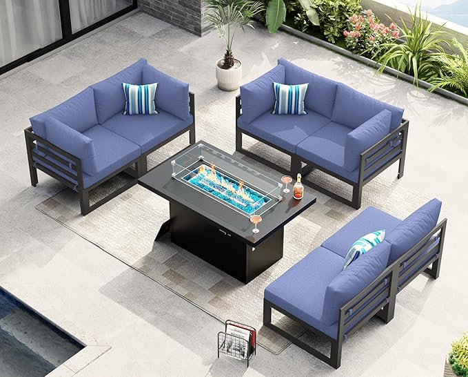 NICESOUL 6 Seat Modern Aluminum Patio Furniture Set with Fire Pit Table, 500lbs Heavy Duty Outdoor Sectional Sofa, 29" Deep Wide Oversized Seating L Shaped Conversation Couch for Garden, Denim Blue