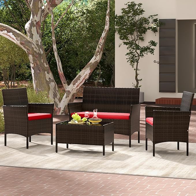 Tangkula 4 Piece Patio Rattan Conversation Set, Outdoor Wicker Furniture Set with Chair, Loveseat & Tempered Glass Table, Cozy Seat Cushions, Outside Sectional Sofa Set for Backyard, Porch (1, Red)