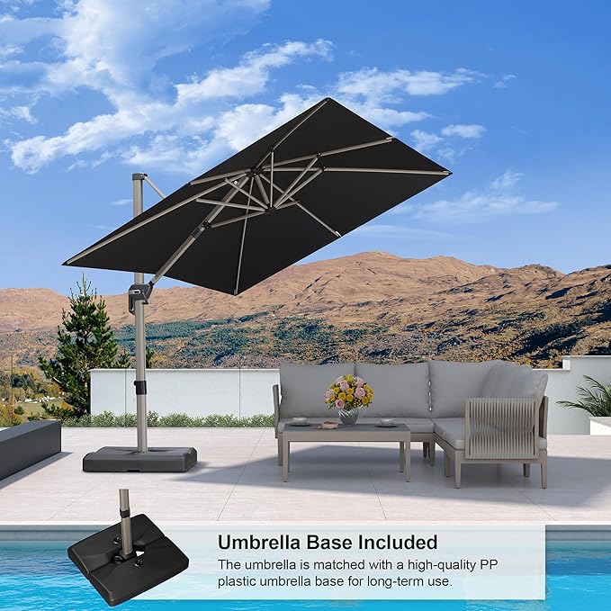 PURPLE LEAF Patio Umbrella with Base Included, 8ft Outdoor Aluminum Cantilever Umbrella with 360° Rotation, Champagne Offset Umbrella for Outdoor Garden Pool, Black