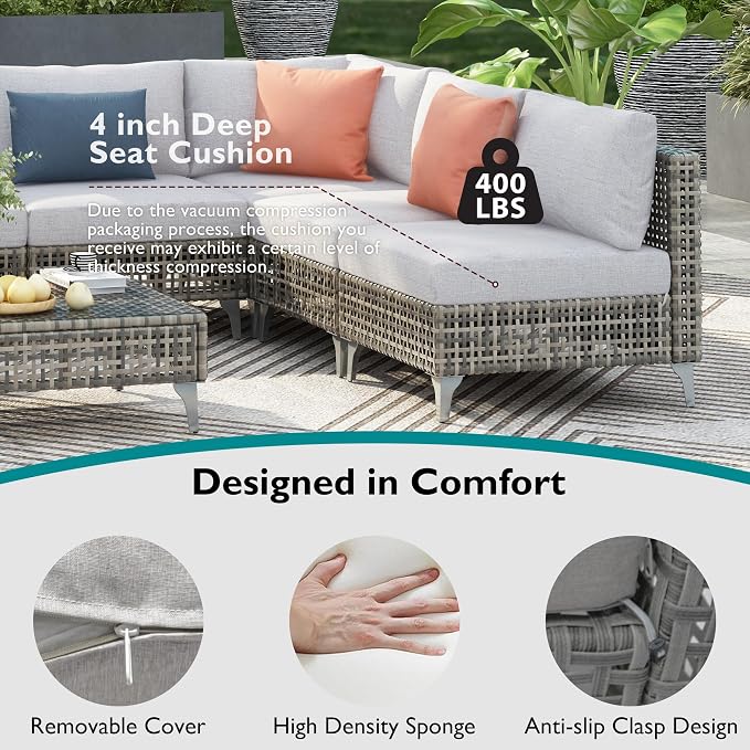 Patio 8-piece Patio Furniture Set with 43" Fire Pit Table, Outdoor Conversation Set & 60,000 Btu 43 Inch Rectangle Propane Fire Pit with Water Resistant Grey Thick Cushions, Grey