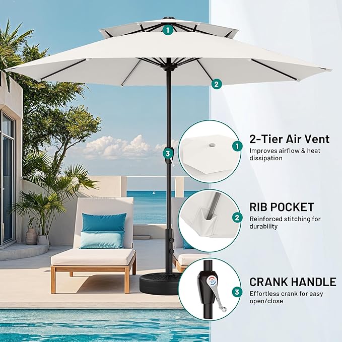 AreShark 12ft 2 Tiers Patio Umbrella - Outdoor Umbrella Waterproof UV Protection, Market Table Umbrella w/ 8 Sturdy Ribs&Crank for Pool, Porch, Garden(Ivory)