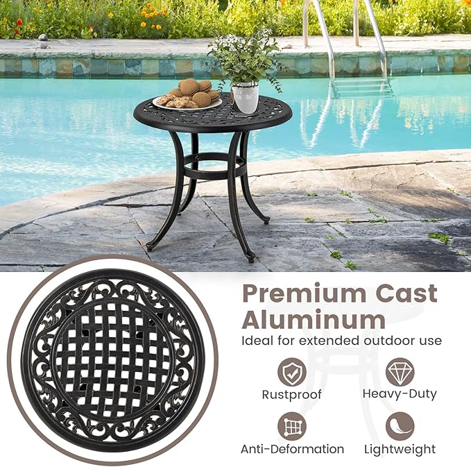 HAPPYGRILL Outdoor Aluminum Side Table, Patio Coffee Table with Adjustable Footpads, Heavy-Duty Small End Table, Lightweight Round Patio Table for Backyard, Porch, Poolside