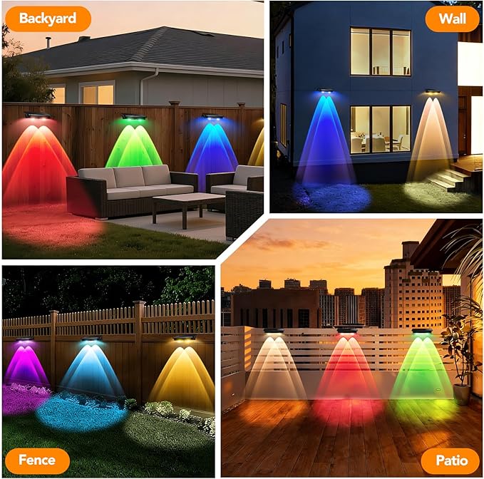 Solar Fence Lights Outdoor 2Pack, Warm White & 6 Color Change and Glass Panel, Waterproof High Brightness Solar LED Deck Lighting for Outside Stairs, Porch Step, Railing, Backyard, Pool