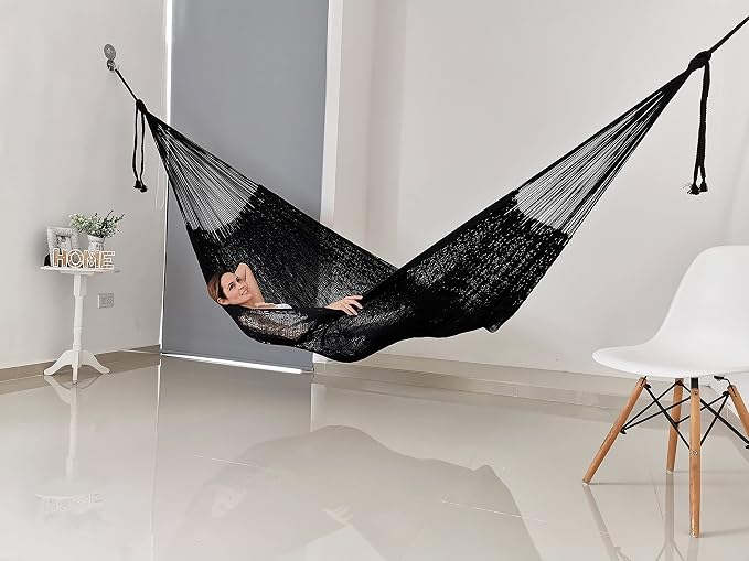Traditional Mayan Hammock - Hammock Made with Thick Cotton Thread (Black, Small)
