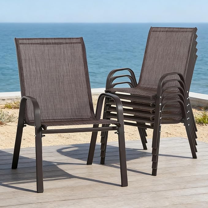 24.4" Wide Outdoor Stackable Chairs Set of 6, Stacking Patio Chairs with Textilene Fabric, Outside Furniture for Garden Backyard Balconie Poolside Deck, Brown