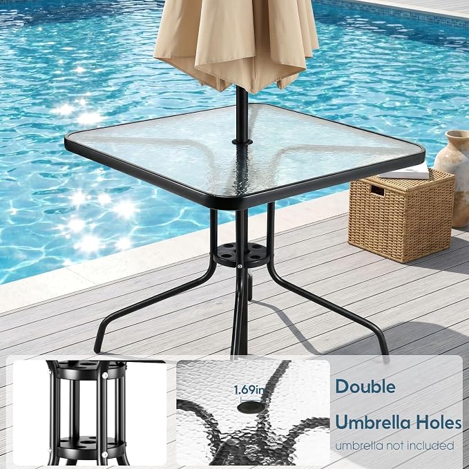 Arlopu 5 Piece Outdoor Patio Dining Set (Umbrella not Included), Porch Furniture with 4 Textline Chairs, 1 Square Glass Table for Garden, Backyard and Poolside, Lawn (Black)