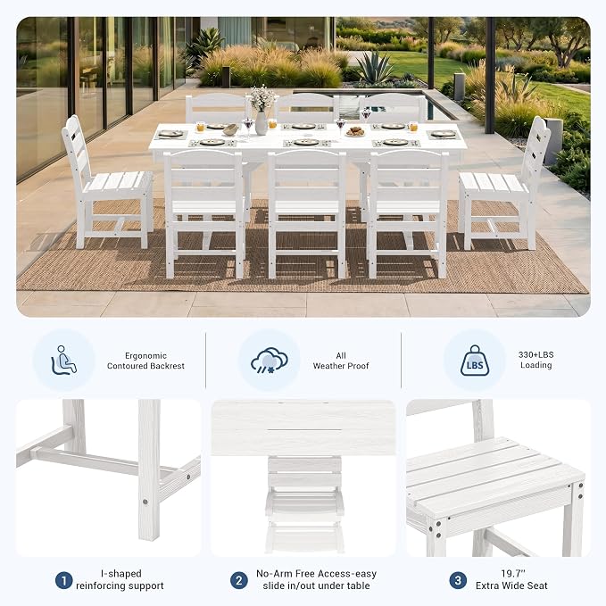 KINGYES 8-Seat Outdoor Patio Dining Set,84 inch HDPE Rectangular Table and Chairs Set，Waterproof Furniture Set with Umbrella Hole for Backyard,White