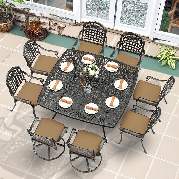 MEETWARM 9-Piece Outdoor Patio Dining Set for 8, All Weather Cast Aluminum Patio Funiture Table and Chairs Set- Large 64" Square Table and 2 Swivel Rocker Chairs, 6 Stationary for Garden, Khaki