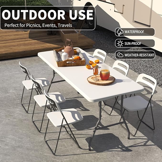 Folding Table 6FT, No Assembly Required Outdoor Picnic Table Thickened HDPE Panel, Office Foldable Table with Handle & Lock for Parties Wedding Camping (White, 4 Pack)