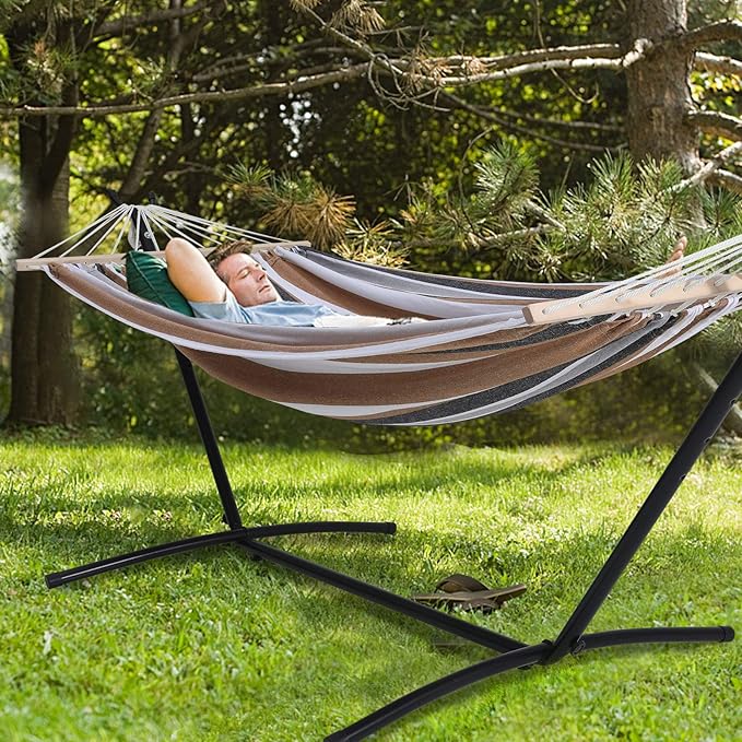 2 Person Adjustable Hammock with 10FT Heavy Duty Steel Stand and Spreader Bars, 550lbs Capacity,Included Portable Carrying Case for Indoor Outdoor