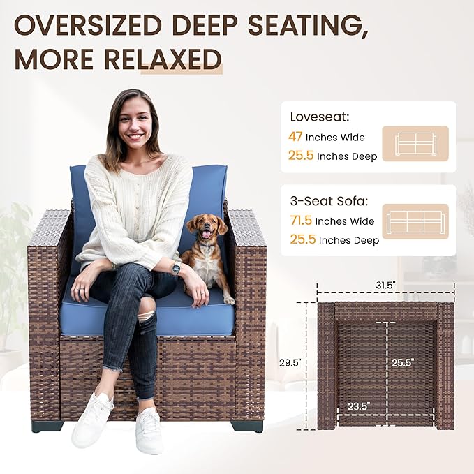 Patio Furniture Set with Fire Pit Table, 5 Pieces Outdoor Furniture Sets, Wicker Patio Conversation Sets w/Waterproof Covers for Backyard, Porch, Balcony, Poolside(Navy Blue)