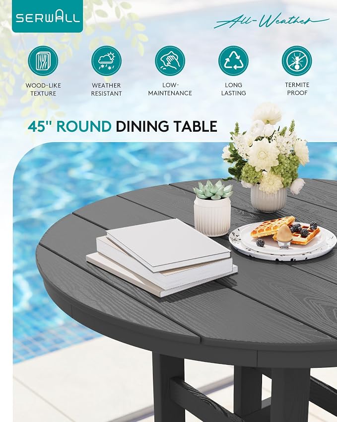 SERWALL 5-Piece Patio Dining Sets, HDPE Outdoor Table and Chairs Furniture Set, 45" Round Dining Table and 4 Armless Dining Chairs, Gray