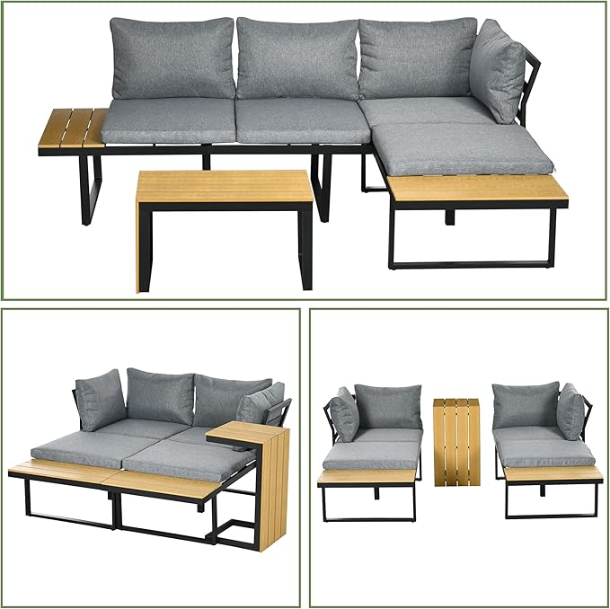 Outsunny 3 Piece Patio Furniture Set with Cushions, Aluminum Frame Outdoor Conversation Sofa Set w/Two Loveseats and Wood Grain Plastic Top Coffee Table/Side Table, Dark Gray
