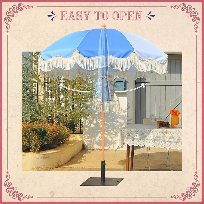 LAGarden Fringe Patio Umbrella with Carry Bag & Cover Vintage Wood for Event Outdoor Garden Yard Wedding Bistro Table