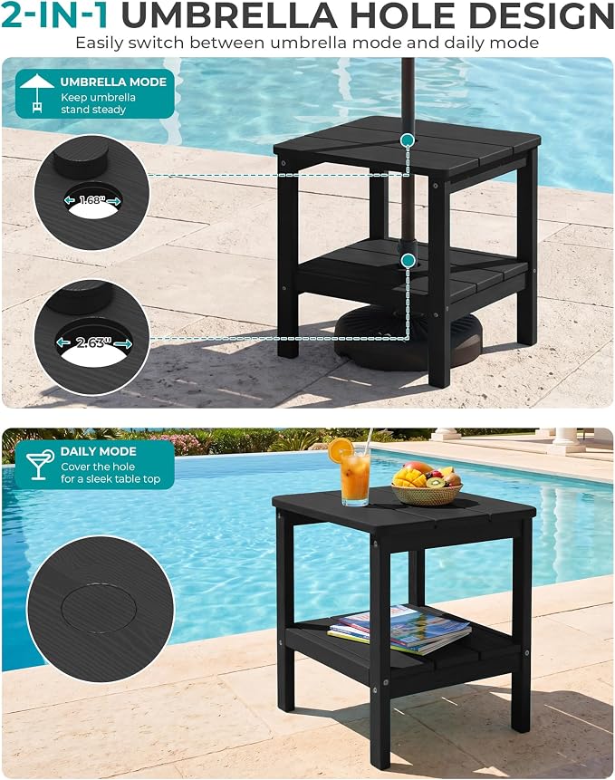 SERWALL 2-Tier HDPE Outdoor Side Table with Umbrella Hole, Weatherproof Rectangular Adirondack Side Table, Black