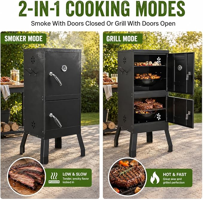 Vertical Charcoal Smoker, 2-in-1 Smoker Grill, BBQ Smoker for Meat, Outdoor Smoker for Backyard Patio | Double Door Easy Access | 2 Cooking Racks, 4 Air Vents, Built-In Thermometer