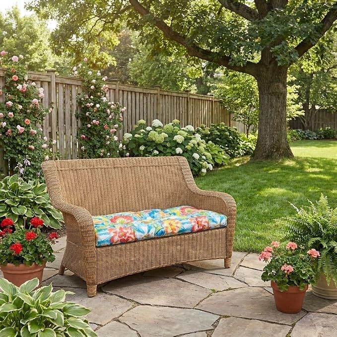 BrylaneHome Bh Performance Fabric Tufted Wicker Settee Cushion - Classic Red Cabana
