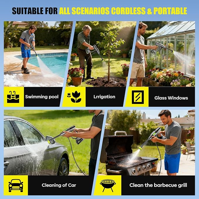 YKYI Cordless Pressure Washer, Battery Powered with 30 Speed Levels, Handheld Portable Sprayer with 6-in-1 Nozzle, 24FT High-Elastic Hose for Car, Garden, Patio Cleaning (Gray)