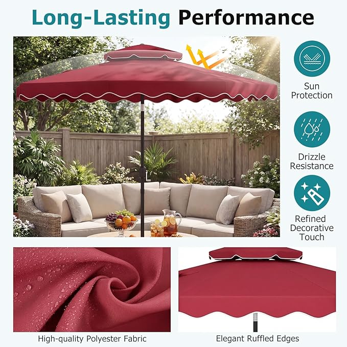 Happygrill 9 FT Patio Umbrella, Scalloped Outdoor Table Market Umbrella with Push Button Tilt & Crank, 2-Tier Vented Top, Heavy-Duty 8 Metal Ribs, Sun-Protective Canopy, Ruffle for Deck Pool Garden (Red)