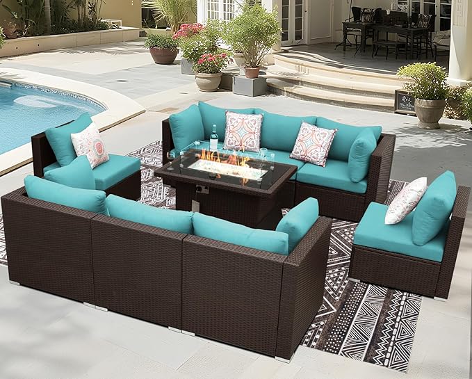 BULEXYARD 9 Pcs High Back Outdoor Sectional Set with Firepit Table, High-End Patio Furniture Seating Set, Big Oversized Wide Deep Modular 8-Seater Couch Sofa for Backyard, Brown Wicker & Teal Cushion
