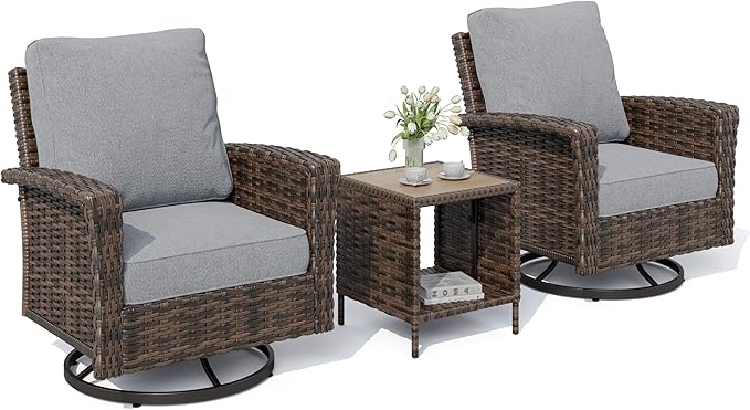 HERA'S HOUSE 3-Piece Outdoor Patio Furniture, High Back Swivel Chairs Set of 2 with Rattan Table, Brown Wicker Conversation Bistro Set with 5.5” Thick Cushion for Deck Porch Balcony Garden Lawn, Gray