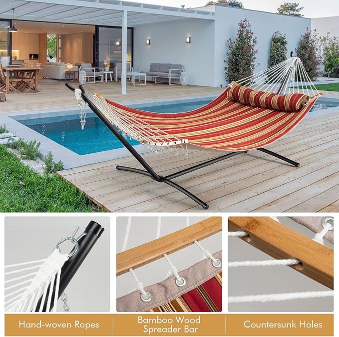 Happygrill Outdoor Hammock with Detachable Pillow, Curved Bamboo Spreader Bars and Hand-Woven Ropes, 2 Person Hammock