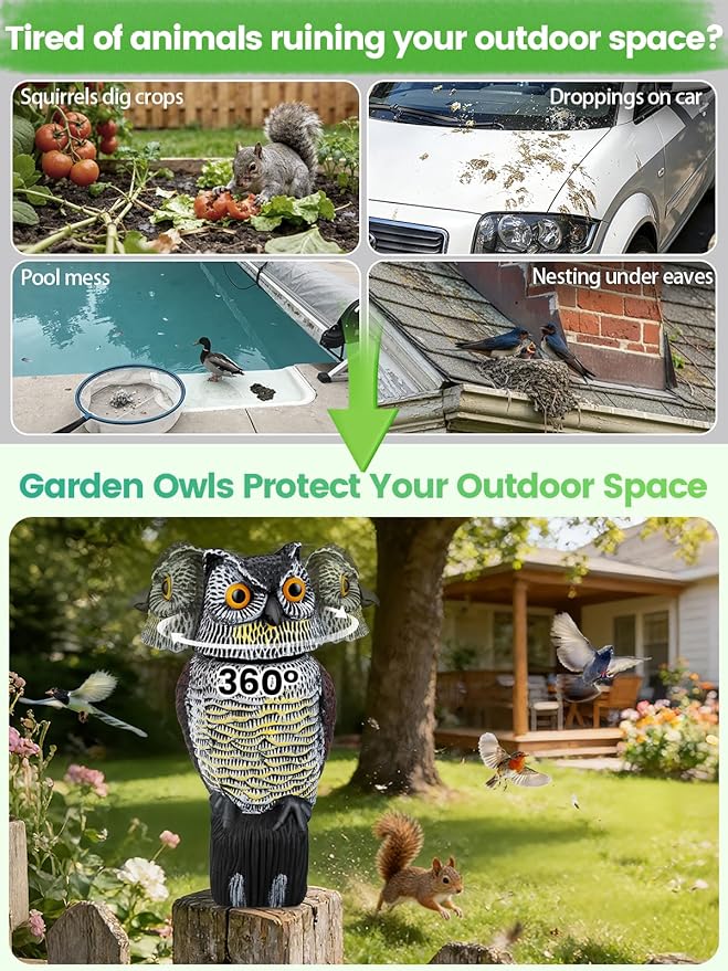 Owl Decoys to Scare Birds Squirrels Away, 360 Rotating Head Activated | Fake Owl Statues Repellent Pest Hawk Squirrel Cats Chickens Pigeon Bird Deterrents for Outside Garden Patios Backyard