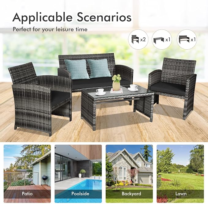 Outdoor Conversation Set, 4 Pieces Wicker Patio Furniture Set with Ergonomic Curved Design, Patio Chair Set with Water-Resistant Cushion & Tempered Glass Table for Balcony,Porch(Black)