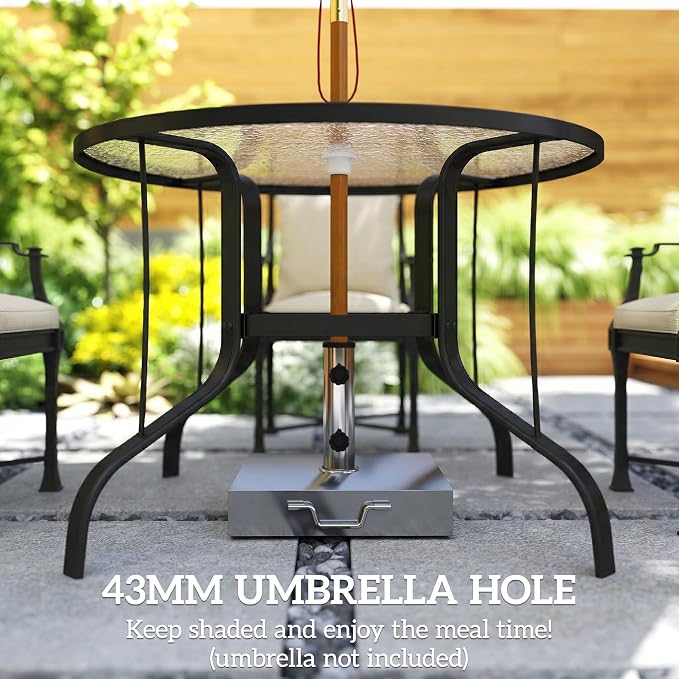 Outsunny 38" Round Patio Table with Umbrella Hole, Outdoor Dining Table Tempered Glass Metal Frame Bistro Table, for Deck, Yard, Balcony, Lawn, Pool, Black