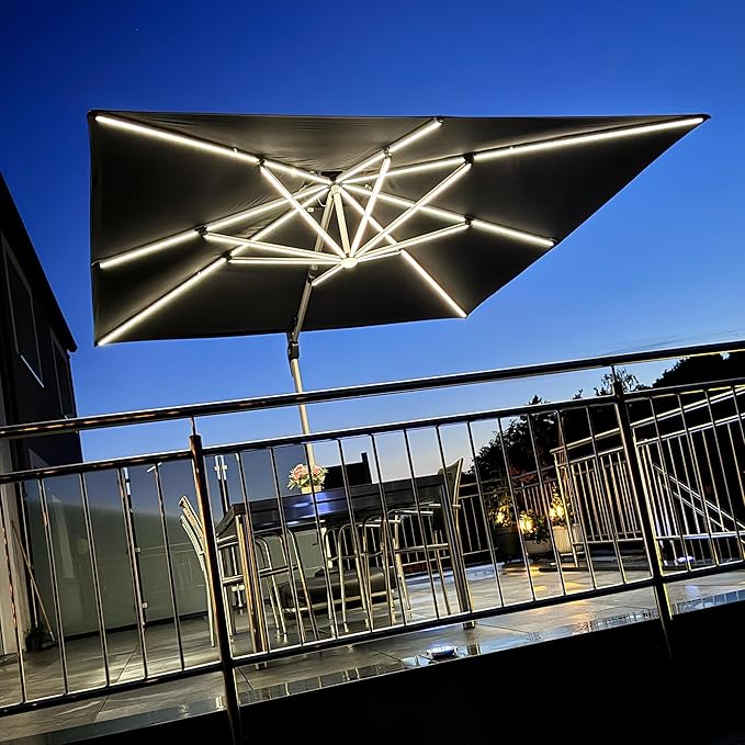 PURPLE LEAF 12 Feet Double Top Deluxe Solar Powered LED Square Patio Umbrella Light Patio Umbrella Outdoor Cantilever Umbrella with Lights, Grey