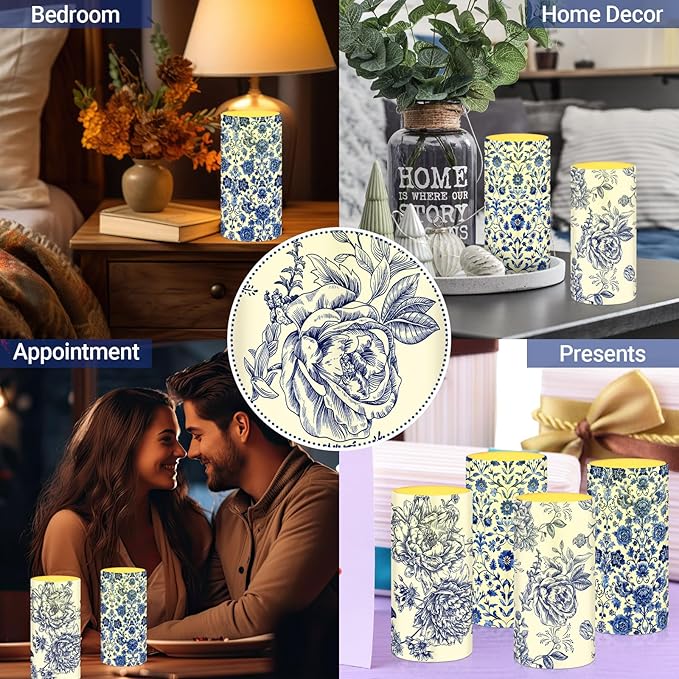 Tiamon 4 Pcs Chinoiserie Flameless Pillar Candles LED Blue and White Porcelain Candles Set Battery Operated Warm Light Flickering Chinoiserie Decor for Wedding Home Table Party Decoration