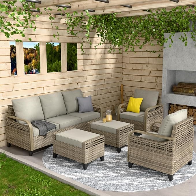 COOS BAY Modern Wicker Outdoor Furniture Set, 5 Piece Patio Conversation Set with 2 Patio Chairs, a 3 Seat Couch and 2 Ottomans, 5 Piece, Brown/Gray