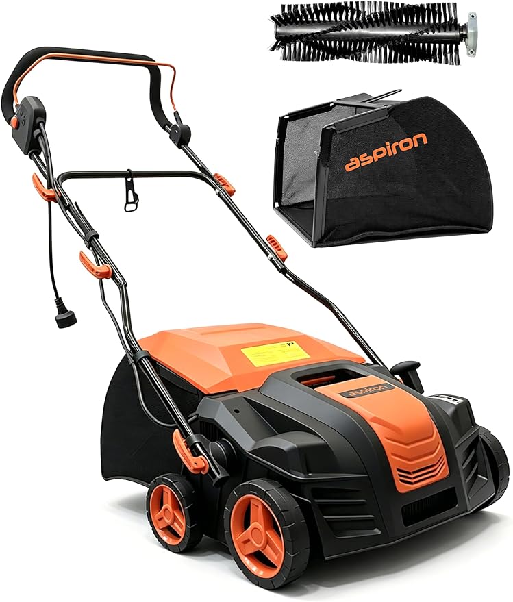 Aspiron 16” Artificial Turf Vacuum, 2000w Grass Sweeper 15 Amp Lawn Sweeper Yard Power Brush with 55L Removable Leaf Collection Bag, Quick-Fold, Keeps Clear Sweepy Box, Aurantious